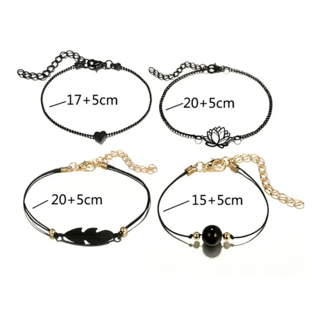 4pc Black & Gold Charm Layering Bracelets Feather Lotus Flower Heart Bead - Picture 10 of 13